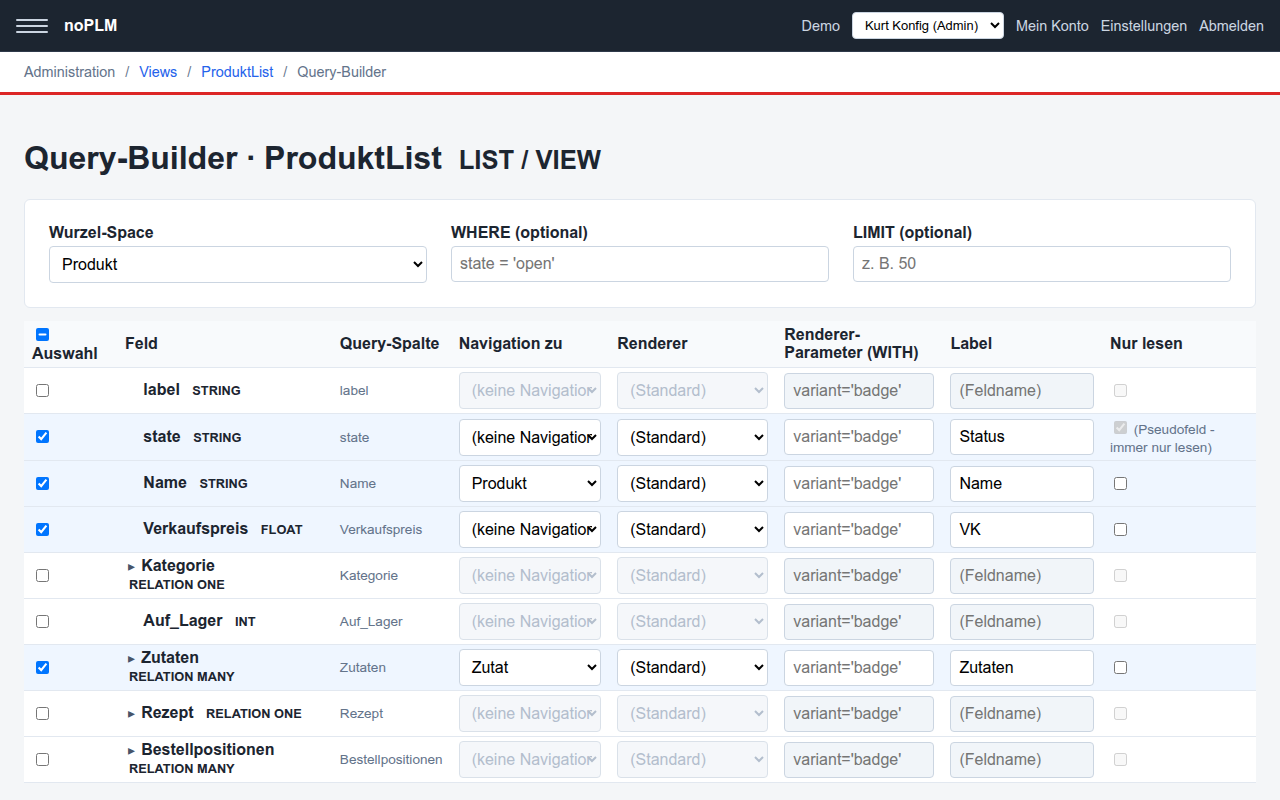 Der Query-Builder für die View „ProduktList“