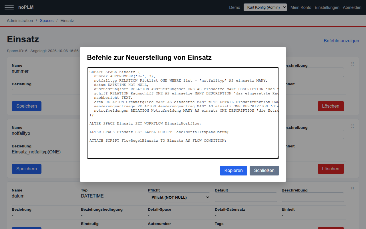Die Befehle zur Neuerstellung des Space „Einsatz“